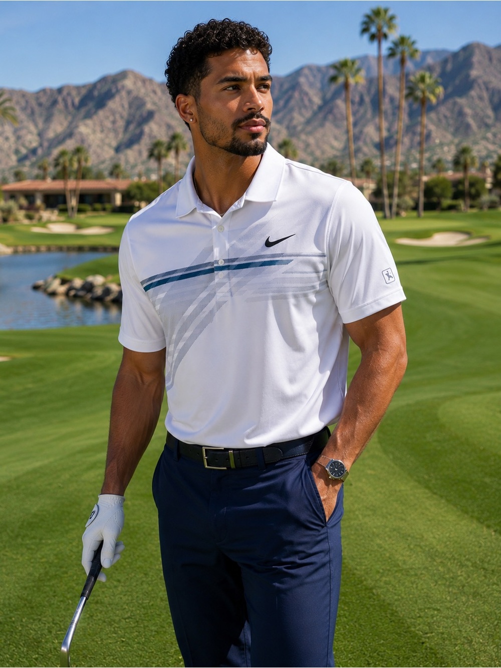 Nike White Polo with Blue and Gray Stripe Accents
